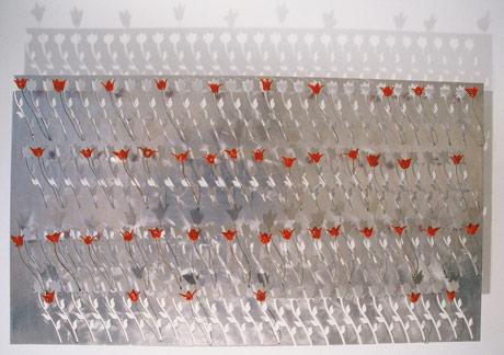 "tulip field" wall sculpture - glass, copper, aluminum, steel, patina - by artist vivienne bell